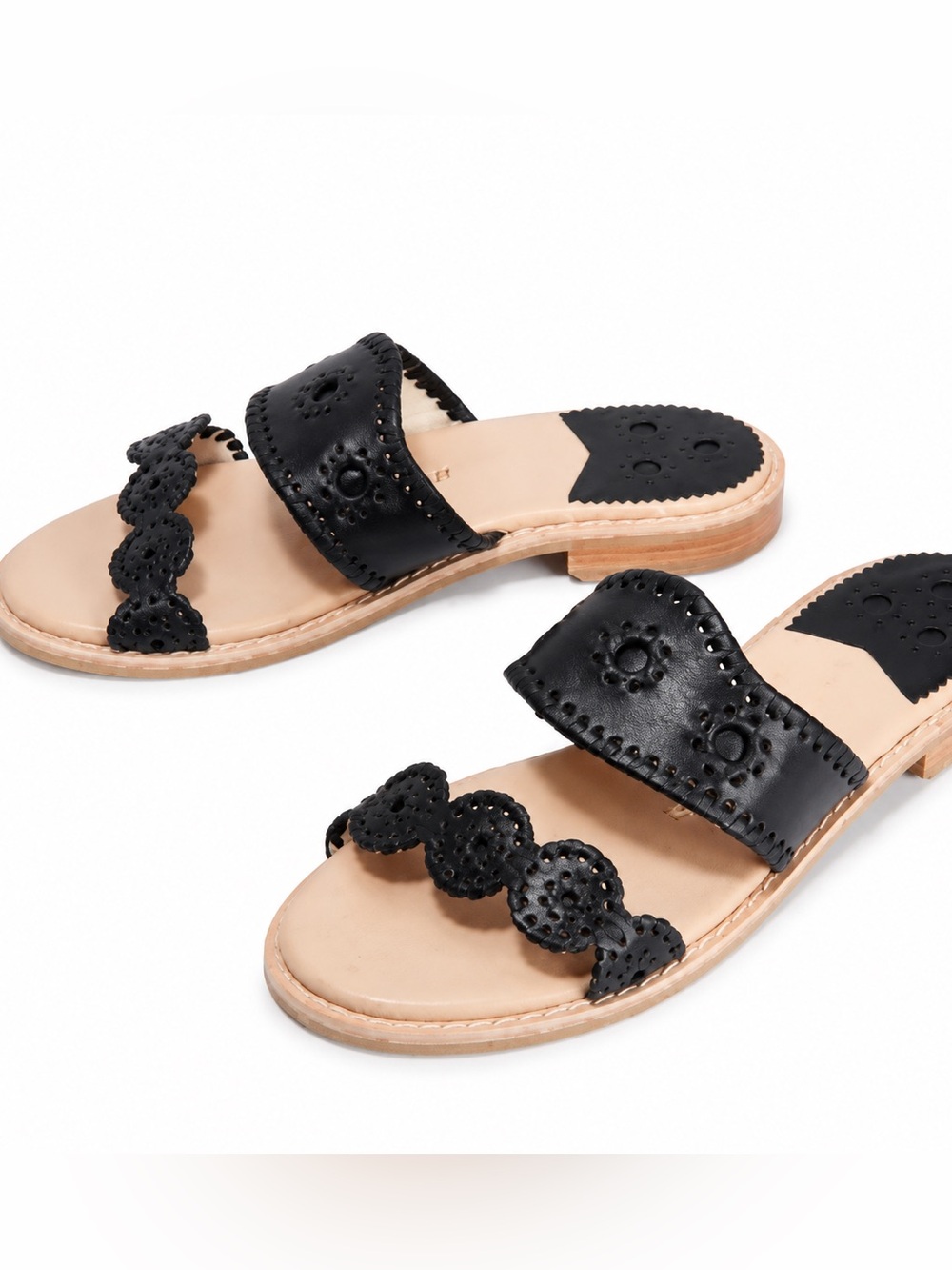 Jack Rogers Black Caroline Flat Whipstitch Leather Sandals NIB Size 7.5